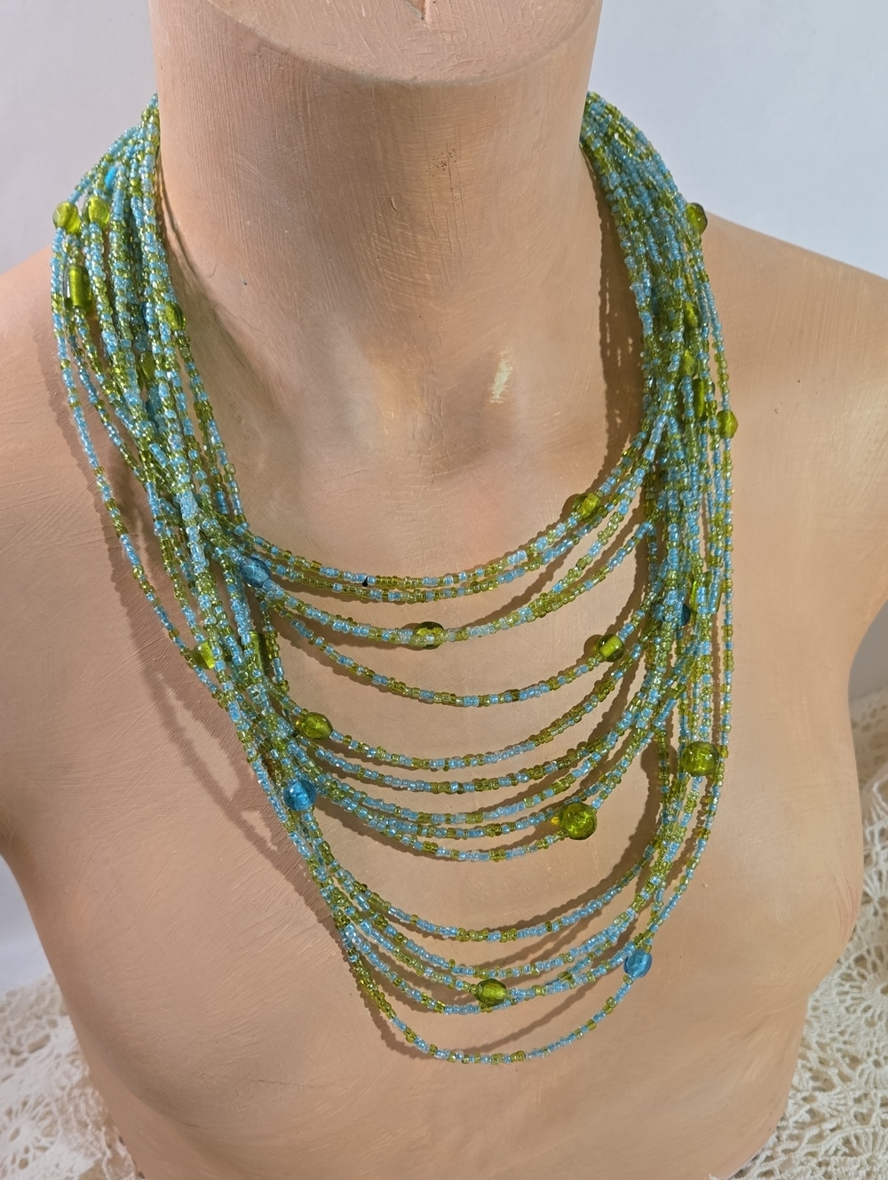 Layered Blue & Green Seed Bead Necklace - Women Jewelry